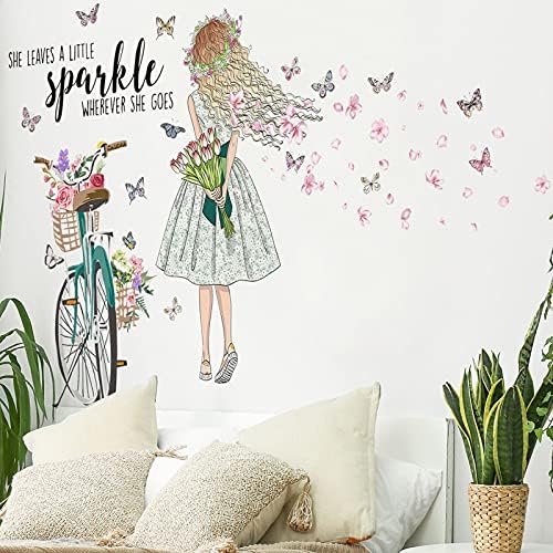 Prabahdak Diy Fairy Girl zidne naljepnice za bicikle cvjetni leptiri zidne naljepnice uklonjive Sparkle Girl Vinyl Wall Art za djevojčice Dječiji vrtić spavaća soba dnevna soba