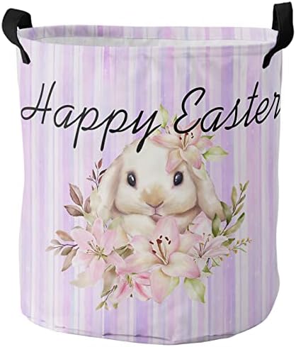 Vodootporne korpe za veš od oksfordske tkanine - sklopiva korpa za veš sa ručkama Happy Easter akvarel Floral Bunny Pink Stripes korpa za odlaganje veša u spavaćoj sobi spavaonica 13, 8x17 inča