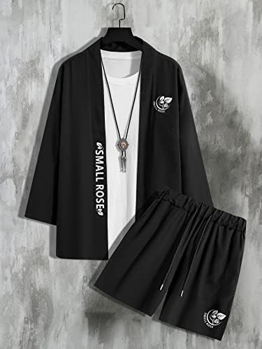 Dvije komadne odjeće za muškarce Men Biljke i pismo Grafički kimono i kratke hlače bez tima