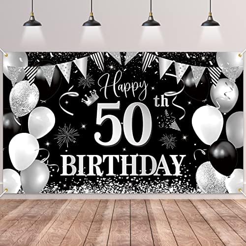 Pozadina banera za 50. rođendan,BTZO ukrasi za sretan 50. rođendan,pozadina od crne srebrne tkanine za muškarce i žene za 50. rođendan,70,8 x 43,3 inča