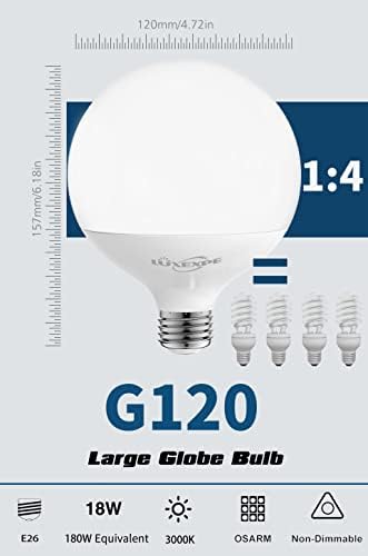 LED sijalica, G120 sijalica globusa, 18w sijalice globusa, topla bijela 3000k LED sijalica, ne-zatamnjiva, E26 baza velika dekorativna lampa,1800 Lumer, za osvjetljenje globusa u zatvorenom prostoru…