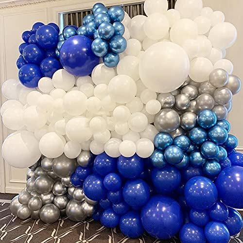 145pcs tamno plavi bijeli srebrni metalni balon Garland Arch Kit Backdrop plavi metalik biserni sivi baloni za rođendan za vjenčanje