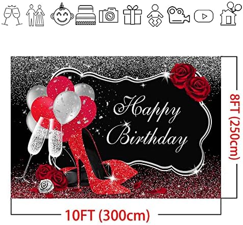 Mocsicka Glitter Red visoke potpetice Sretan rođendan pozadina Crni srebrni šampanjac baloni Rođendanska zabava torta Tabela fotografija