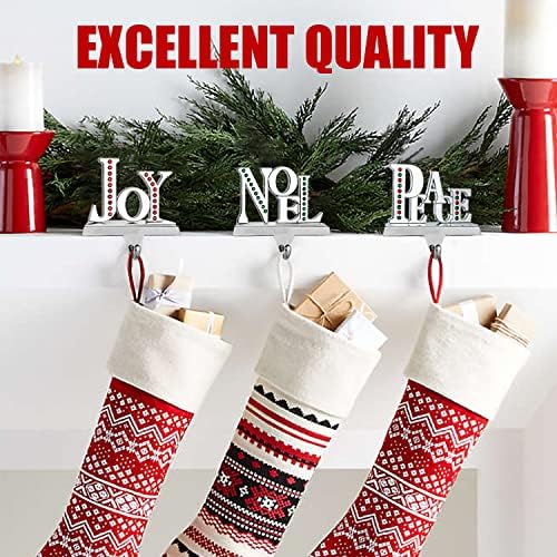 Klikel Držač za čarape od 3 - Joy Noel mir Božićno vješalica za mantel - sjajan srebrni metalni božićni nosač za kamin za kamin plašta