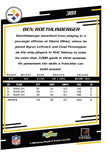 2004 Ocjena Fudbal 381 Ben Roethlisberger Rookie kartica