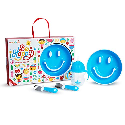 Munchkin® Poklon Set potrepština za ishranu male djece, uključuje usisnu ploču za srećno lice, Slamnatu šolju i Set posuđa, plava
