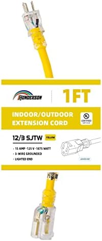 Honderson 1ft 12/3 osvijetljeni vanjski kabl - 12 mjerača 3 prong sjtw teška žuto produžni kabel sa 3 prenglazni utikač za sigurnost,