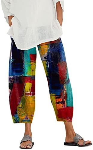 Capri hlače za ženske pamučne posteljine široke noge Capris ženska ljetna umjetnost cvjetna plaža elastična struka vrećice