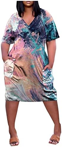 Numaller Shirt haljine za žene džepni džep labavi V izrez kratki rukav Vintage ženske Maxi haljine