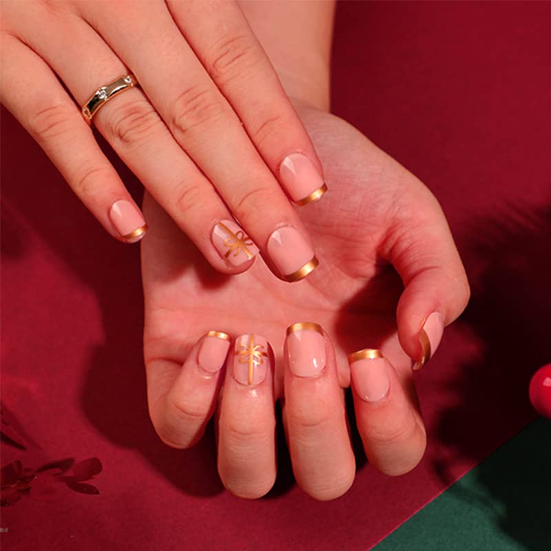 QINGGE Pink Press na noktima kratke dužine kvadratnih lažni nokti sa zlatnom folijom dizajn Luksuzni sjajni akrilni nokti štap na