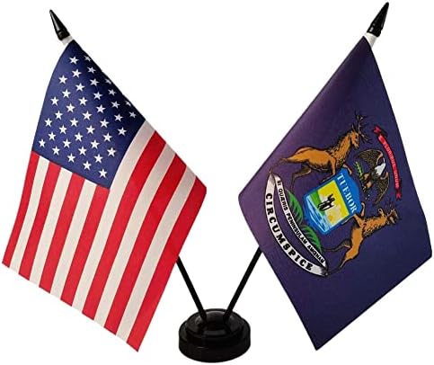 Amerika i Michigan Twin Desk stol, američki zastava Michigan, 8 x 5 inča Deluxe Set zastava Dexe - Minijaturni američki i Michigan
