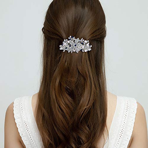 EVER FAITH Austrian Crystal Bridal hibiskus krema simulirana Pearl Hair Clip Barrette Blue Silver-Tone