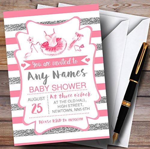 Srebro & amp; Pink Stripes Ballerina balet pozivnice za Baby Shower pozivnice