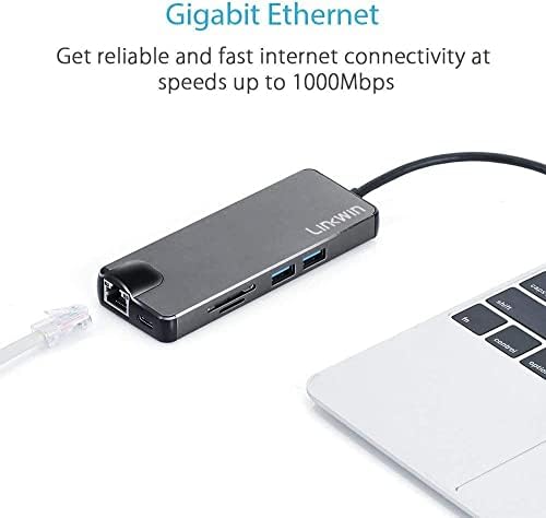 USB C Hub, Linkwin 8 u 1 USB C Adapter sa Gigabit Ethernet portom, PD Type C priključak za punjenje, 4K HDMI, VGA, čitač SD TF kartica,