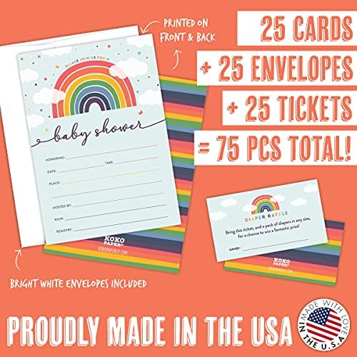Koko Paper Co Rainbow Baby Shower pozivnice i pelene Tombola karte | 25 Fill-in pozivnice, 25 svijetle bijele koverte i 25 pelene