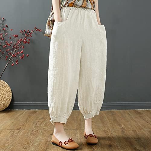 Ženske pamučne posteljine casual hlače opušteno fit solidne boje ljetne harem hlače elastične struke Boho pantalone sa džepovima