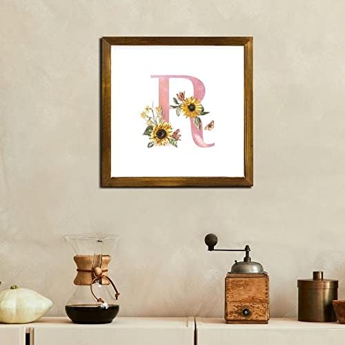 Pink Pismo Suncokreti cvjetni drveni uokvireni monogram Početno slovo R Personalizirani vintage Boho zidni zid zidni umjetnički dekor