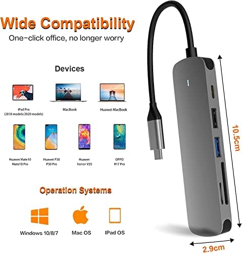 USB C Hub, 6 u 1 aluminijumski USB-C Adapter sa HDMI 4K adapterom, USB-C Power Delivery, SD i Micro SD čitač kartica kompatibilan