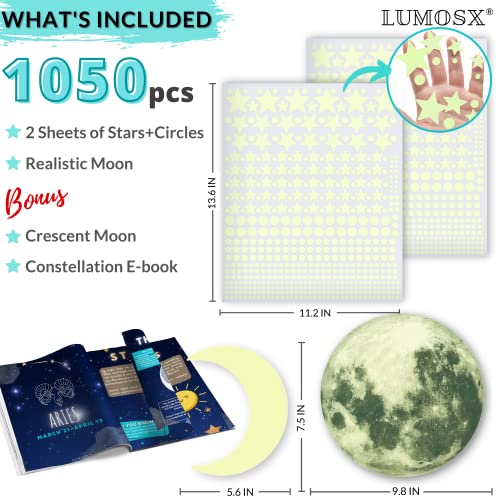 Lumosx Glow u tamnim zvijezdama - 1050pcs w / bonus konstelacija e-knjiga i mjeseci za plafon dekor | Sjaj u tamnim naljepnicama stropnih