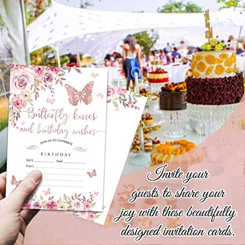 Vodeni cvjetni poziv za rođendansku zabavu, ružičasti leptir rođendan, beba, odrasla osoba, sestrinca, rođendana, dvostrana štampana 20 pozivnica sa koverte, 4 x6