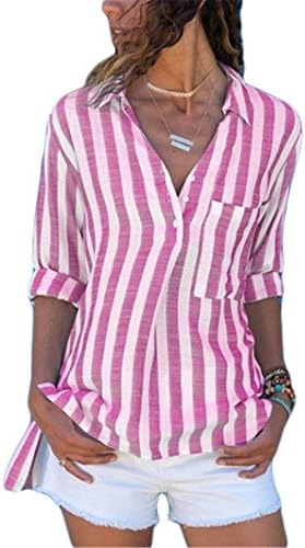 Andongnywell ženski casual v izrez Stripe s dugim rukavima Gumb Cardigan vrhovi šifonske košulje majica s dugim rukavima