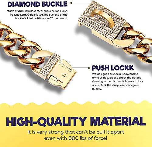Dijamantski pas zlatni lanac ovratnik-19mm sjajna luksuzna ogrlica za pse - Fancy zlatni lanac za pse sa blistavim kristalnim Blingom,