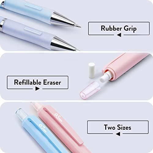 Četiri bombona pastelna mehanička olovka Set - 3pcs 0.7 mm mehaničke olovke sa 360pcs Hb olovom, 3pcs gumice i 9PCS gumice za punjenje,