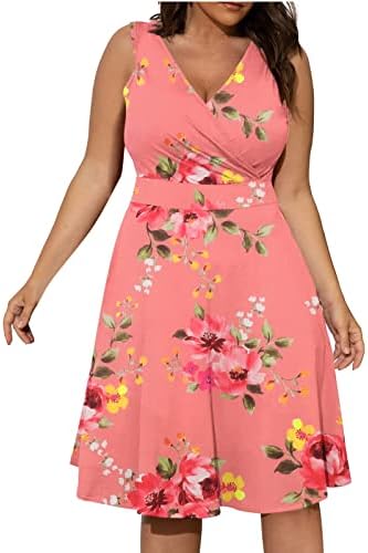 Žene Ljetna casual haljina plus veličine bez rukava s kratkim kratkim rukavima Sundress cvjetni print Boho Party haljine sa džepovima