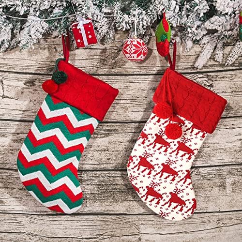 Woirio 16inch Božićne čarape 2 pakovanje, prugaste pletene božićne čamce sa lepršavim kuglicama, pogodno za ukrašavanje božićnog kaminskog