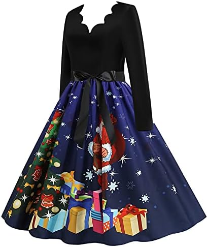 Ženska Vintage Božićna haljina Božić Rockabilly koktel zabava haljina V izrez Dugi rukav Gospođa Santa Claus haljine sa pojasom
