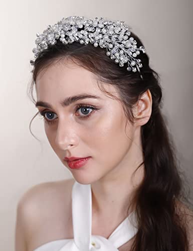 Chargances vjenčanje biser i Kristal Tiara Crown Rhinestone Beaded traka za glavu srebro Bridal Handmade Crown grčki boginja biser