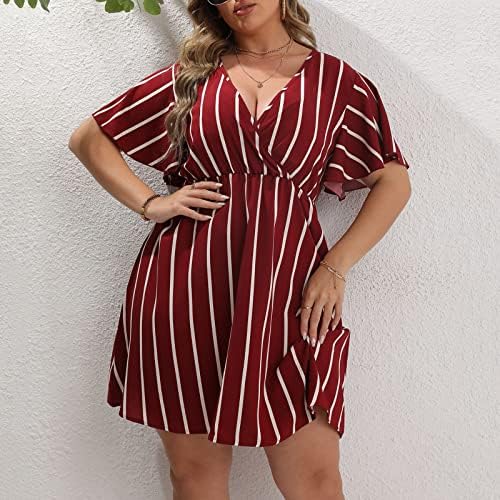 Ženska Maxi haljina Plus Size Stripe Print kratki rukav modni V-izrez Mini haljine prolećne haljine