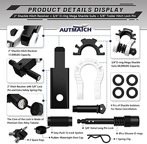 Autmatch Stezaljka za zatezanje protiv zveckanja sa Mega Shackle Hitch prijemnikom 2 inča, Mega d prstenasti okov i 5/8 igla za zaključavanje