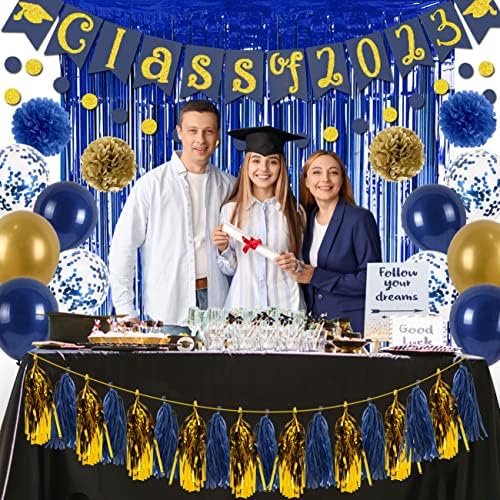 Dekoracije za diplomske zabave 2023-plava i Zlatna klasa 2023. pomponi od banera od papira, čestitke pozadina za zavjese sa obrubom