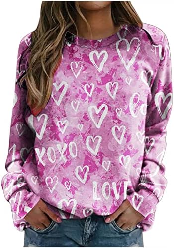 Jjhaevdy Valentines Day plus veličina Pulover Žene O-izrez Dugi rukav Pulover Love Heart Graphic Top Parth majica Vrhovi