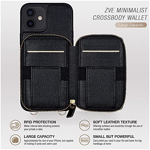 ZVE iPhone 12/12 Pro RFID torbica za novčanik Crossbody sa petljama za sjajilo za usne, futrola za telefon sa zatvaračem sa držačem
