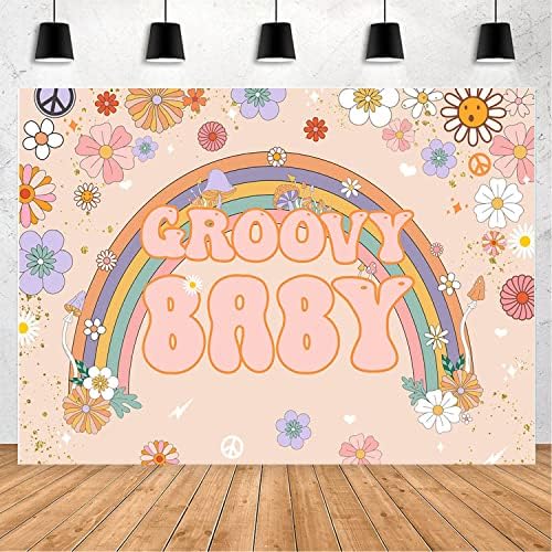 MAYSSKQ Groovy Retro Baby Shower pozadina hipi Rainbow 70s Baby Shower pozadina zlatne tačke gljiva Groovy Floral Baby Shower Party