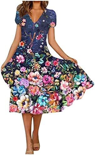 Nokmopo Boho haljina za žene Ljeto Ležerne prilike Floral Print Kratki rukav V-izrez Swing haljina