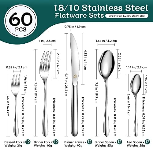 vancasso Set srebrnog posuđa od 60 komada servis za 12, 18/10 Set pribora za jelo od nerđajućeg čelika uključuje noževe/kašike/viljuške,