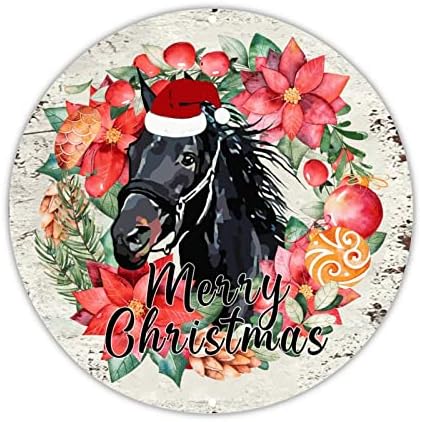 Decstic dobrodošao znak srećom Farm Božićni okrugli limenki znak Božićni šešir Konj Mistletoe vijenac Pozdrav Zdrav zimskim kućom