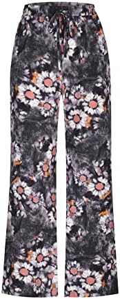 Fehlegd Ženske široke noge pamučne pantalone Retro cvjetni print High struk zavlačenje labavo udobne hlače sa plažom sa džepom