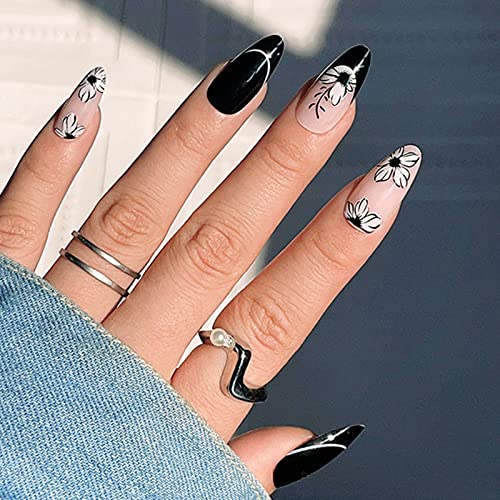 YOSOMK francuski vrh lažni nokti Almond Srednja presa na noktima sa cvetnim dizajnom Crni puni poklopac lažni nokti sjajni lepak na