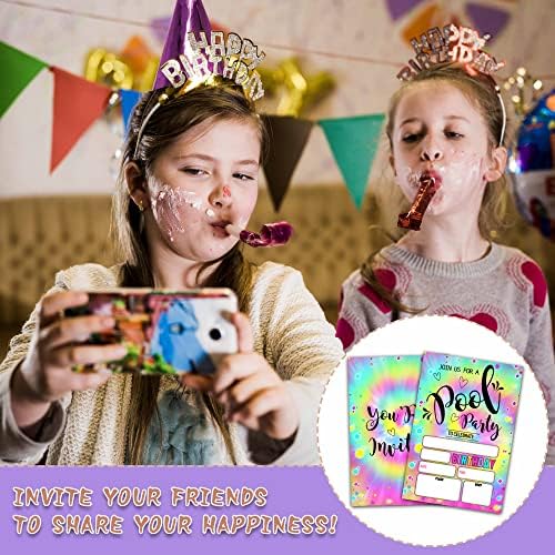 Kartice pozivnica za rođendanske zabave u bazenu, pozivnica za ljetni rođendan za djecu, dvostrane Rainbow Tie Dye pozivnice za popunjavanje