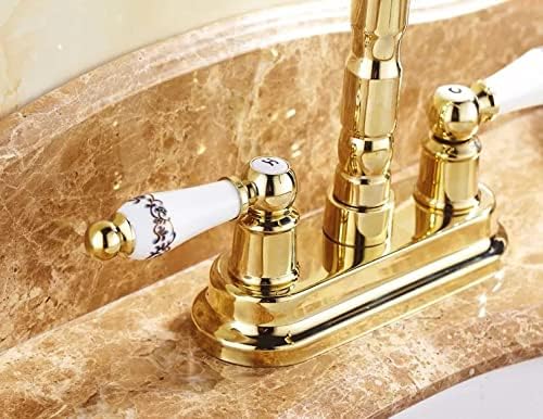 Zlatna boja mesing 4 Centser kuhinja kupatilo sudoper plovila Dvije rupe slivo za okretne slavine dvostruke keramike ručice za vodu