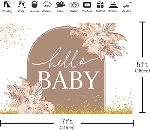 Hilioens 7×5ft Boho Baby Shower Backdrop Hello Baby Boho Pampas Floral Girl Baby Shower Background Oh Baby zlatne tačke novorođenče