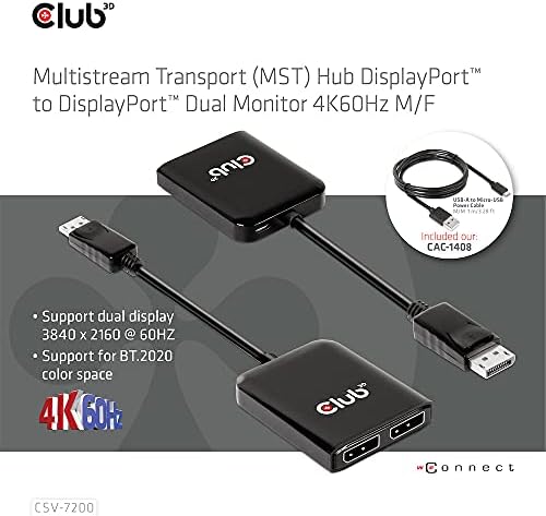 Club 3d Dual 4K 60Hz DisplayPort razdjelnik na 2-DisplayPort 1.4 za 8K i 4K 120Hz MST HUB CSV-7200