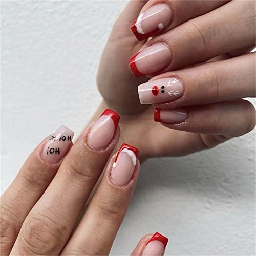 VOTACOS francuski vrh pritisnite na noktima Novogodišnja zabava kratki kvadratni lažni nokti crveni lažni nokti sa zimskim stilom