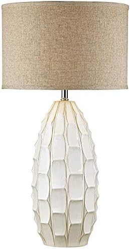 Possini Euro Design Cosgrove moderna obalna stolna lampa 32.75 visoka keramička Bijela ručno izrađena bež tkanina bubanj za sjenilo