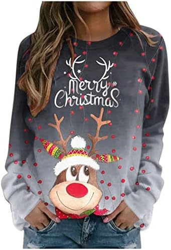 Sretan božićni duksevi za žene slatka elk tiska dugih rukava labav top casual crew pulover bluza majica