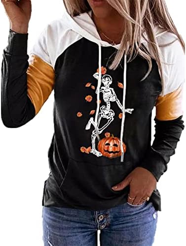 Qianruo Halloween dušica za žene za žene bundeve lica grafičkih tina vrhova dugih rukava boja blok pulover košulje